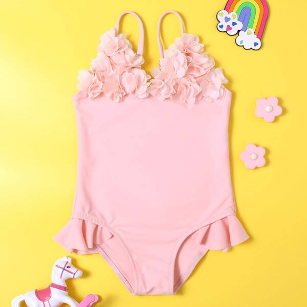 

Toddler Girls Appliques Ruffle One Piece Swimsuit, Pink