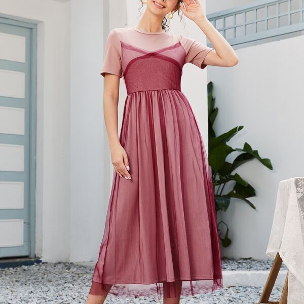 

Colorblock Contrast Mesh Dress, Dusty pink