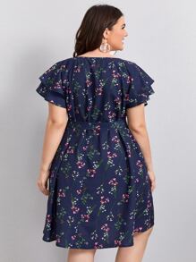 SHEIN Clasi 大碼鎖孔領蝴蝶袖繫腰帶連衣裙 - 藏蓝色 - 查看 2