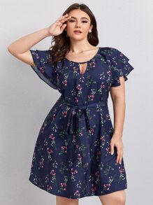 SHEIN Clasi 大碼鎖孔領蝴蝶袖繫腰帶連衣裙 - 藏蓝色 - 查看 5