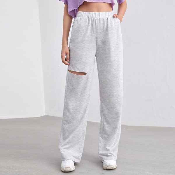 

Slant Pocket Ripped Marled Knit Pants, Light grey