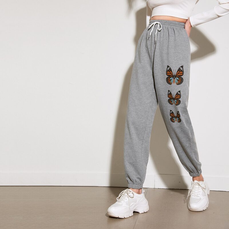 

Butterfly Graphic Tie Front Sweatpants, Grey