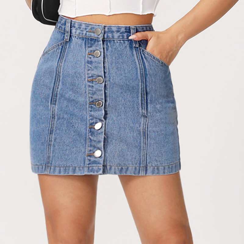 

Button Fly Slant Pocket Denim Skirt, Light wash