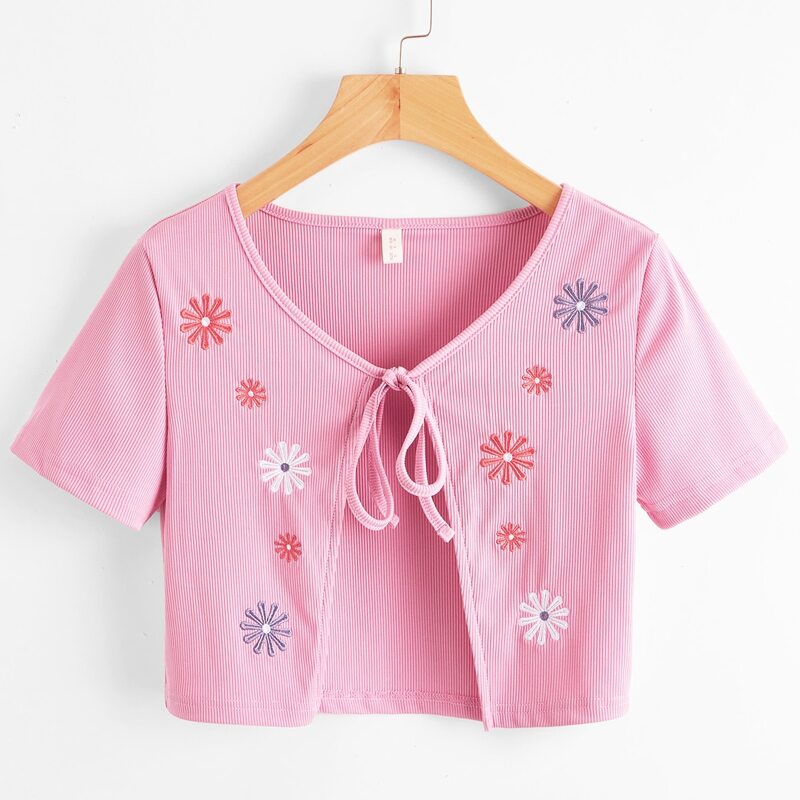 

Floral Embroidery Knot Crop Top, Hot pink