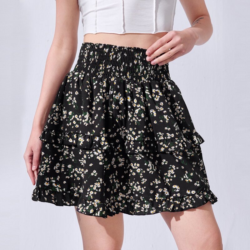 

Daisy Floral Tiered Skirt, Black