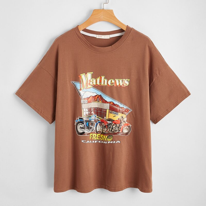 

Motorcycle & Letter Graphic Tee, Coffee brown