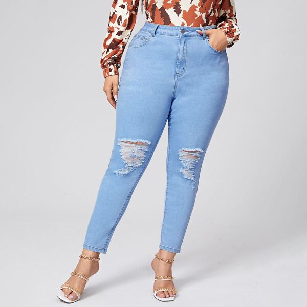 

Plus High Waist Ripped Skinny Jeans, Light wash