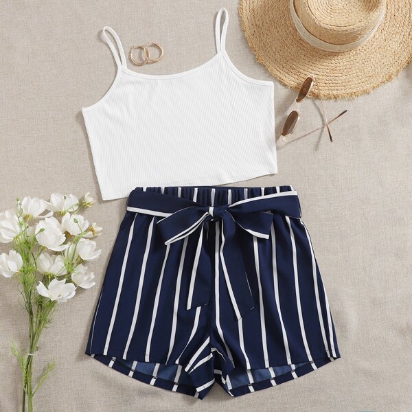 

Crop Cami Top & Stripe Belted Shorts, Blue and white
