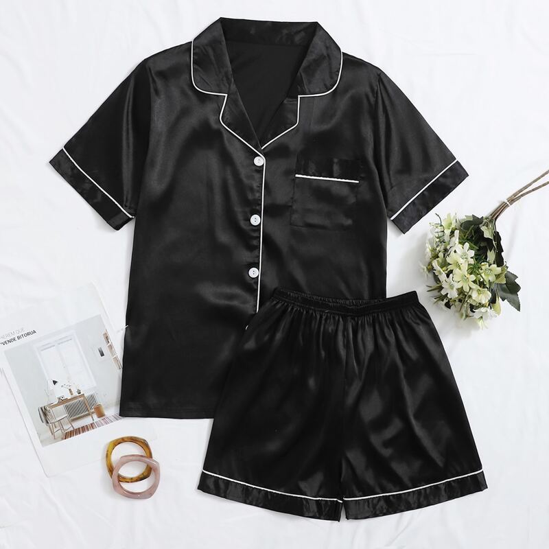 

Button Up Piping Trim Satin PJ Set, Black