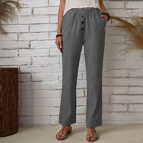 

Slant Pockets Straight Leg Pants, Grey
