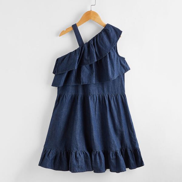 

Girls Asymmetrical Neck Ruffle Hem Denim Dress, Dark wash