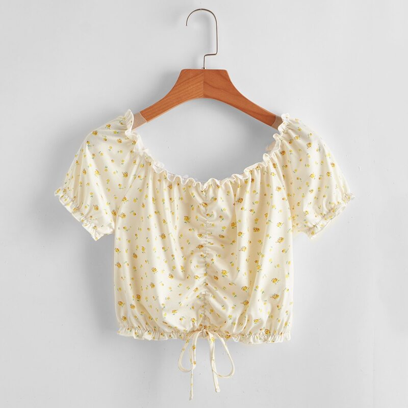 

Ditsy Floral Ruched Frill Crop Top, Multicolor