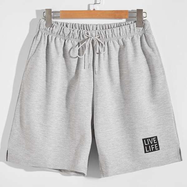

Men Letter Graphic Drawstring Waist Track Shorts, Light grey