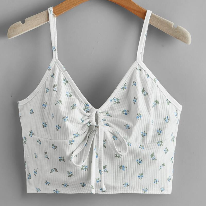 

Ditsy Floral Drawstring Crop Cami Top, White