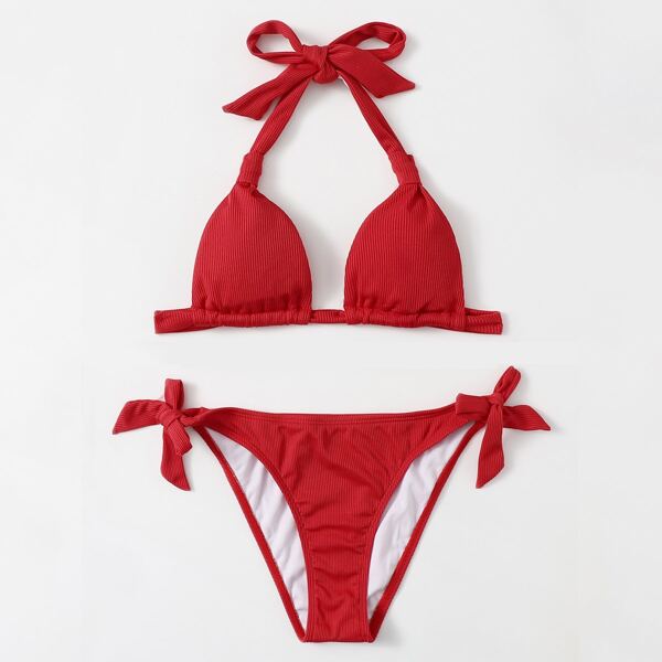 

Rib Halter Triangle Tie Side Bikini Swimsuit, Red