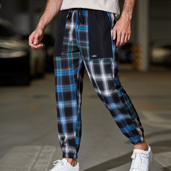 

Men Plaid Pocket Patched Drawstring Pants, Multicolor