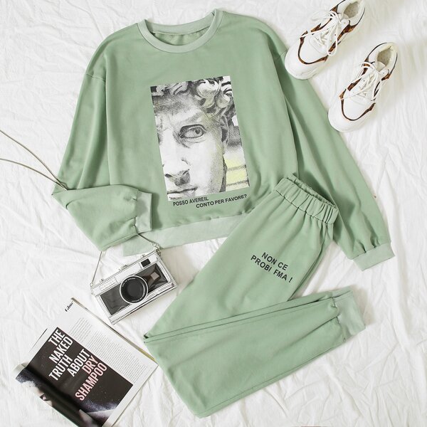 

Plus Figure And Slogan Graphic Sweatshirt & Sweatpants, Mint green