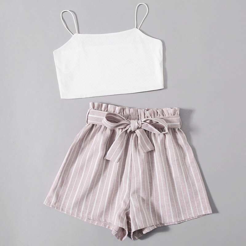 

Solid Crop Cami & Striped Shorts, Multicolor