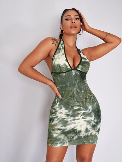 Plunging Neck Tie Back Contrast Binding Tie Dye Halter Dress
