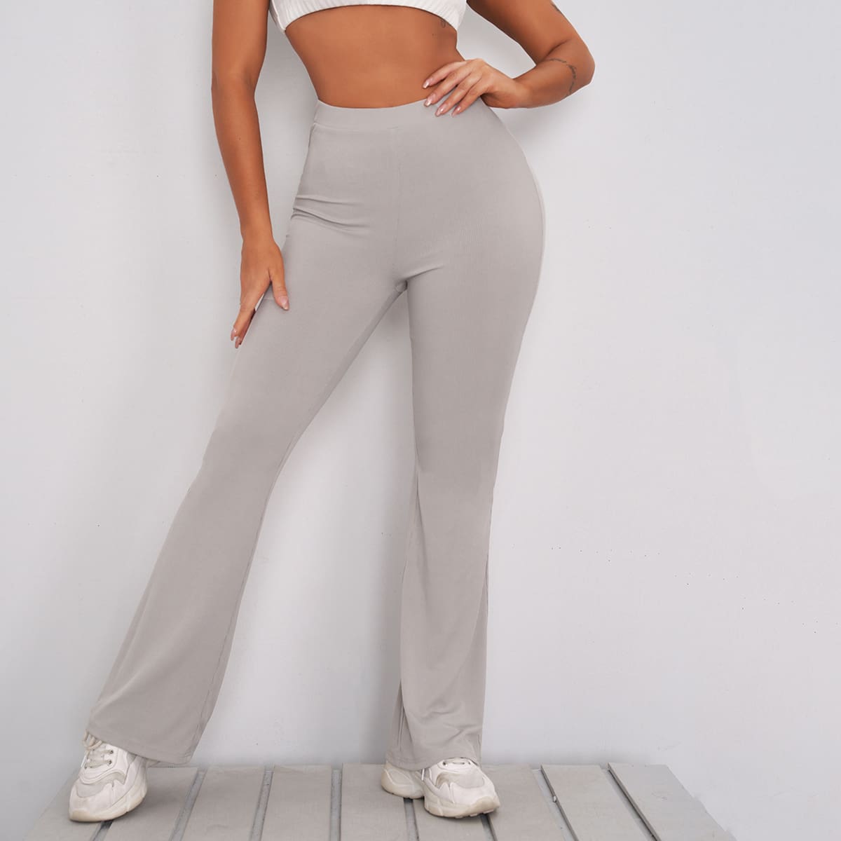 

High Waist Flare Leg Pants, Light grey