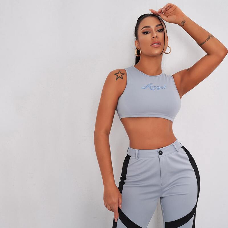 

Letter Embroidery Crop Tank Top, Dusty blue