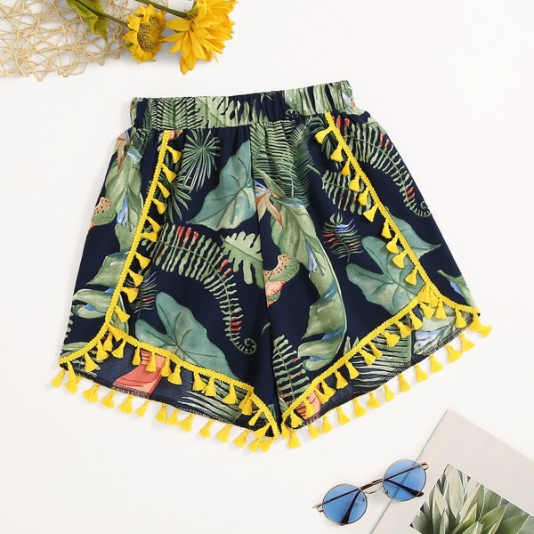 

Tropical Print Fringe Trim Shorts, Multicolor