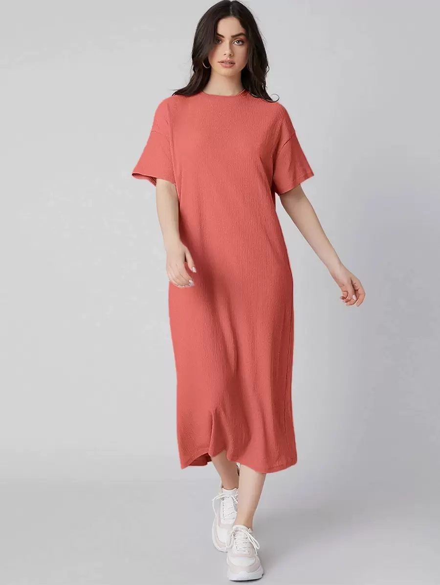 Mulvari Drop Shoulder Solid Dress - Coral Pink - View 1