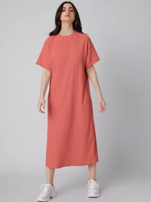Mulvari Drop Shoulder Solid Dress - Coral Pink - View 5