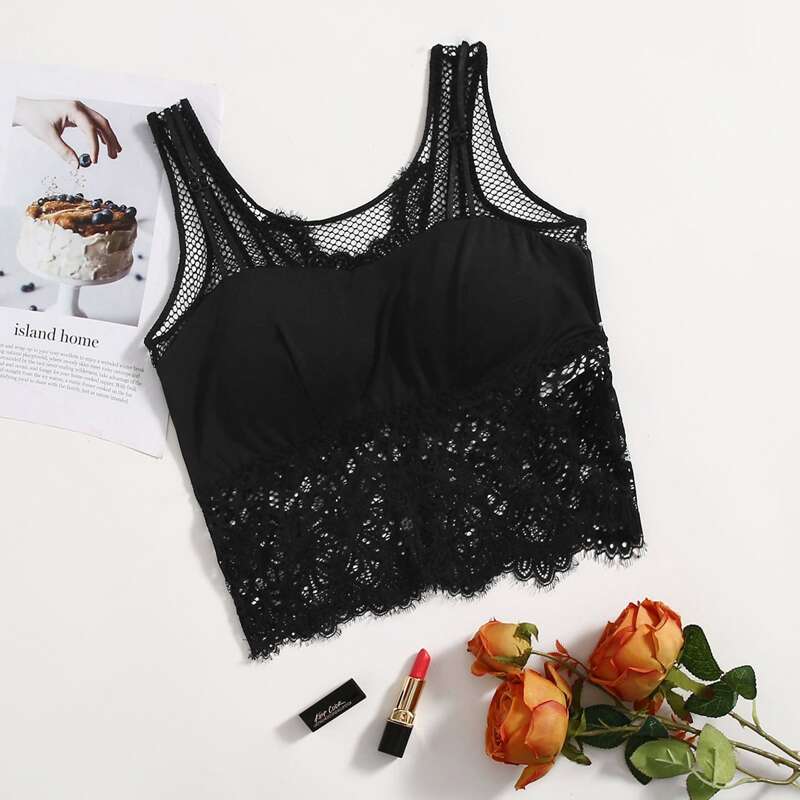 

Lace Trim Longline Bralette, Black