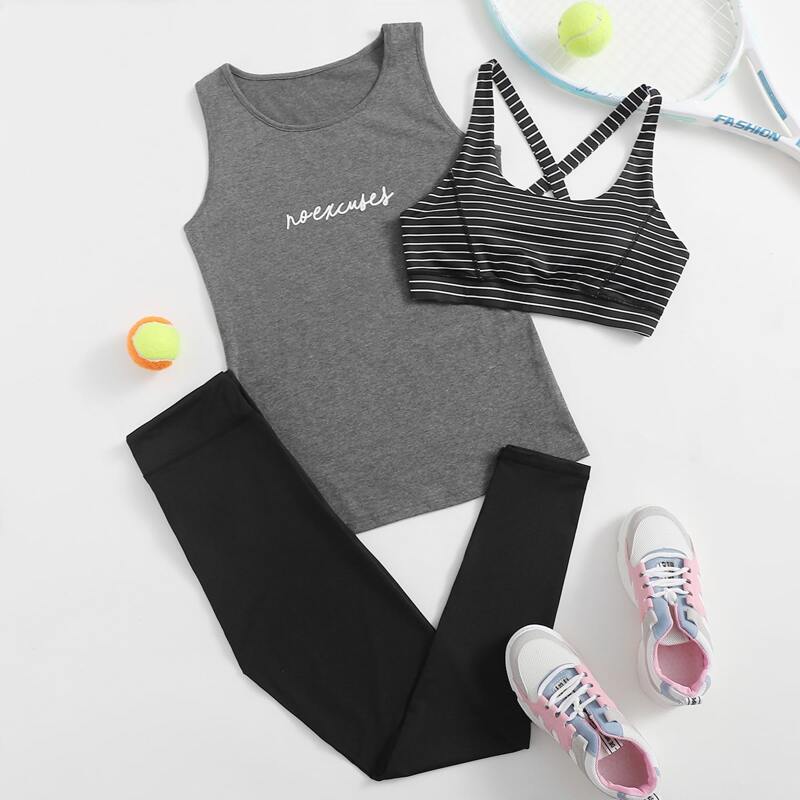

3pcs Letter & Striped Sports Set, Multicolor