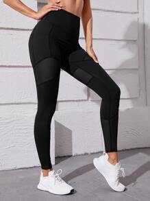 Yoga Futuristic Contrast Mesh Sports Leggings With Phone Pocket - Black - View 4