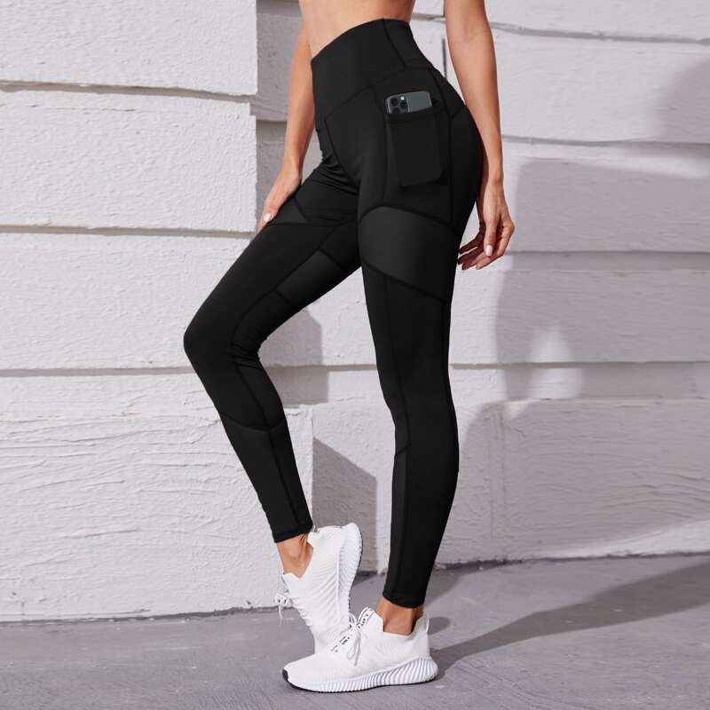 

Contrast Mesh Sports Leggings With Phone Pocket, Black