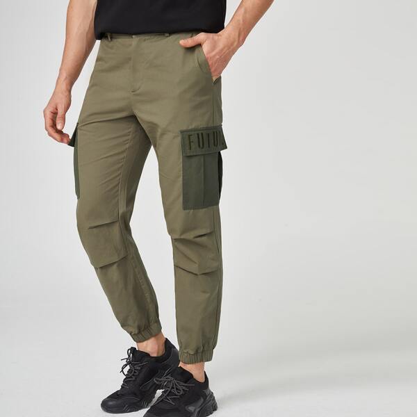 

Men Letter Embroidery Flap Pocket Side Pants, Army green