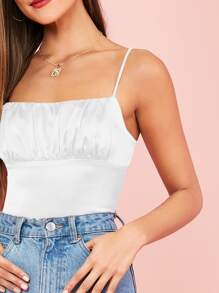 SHEIN 抽褶細節緞面吊帶上衣 - 白色 - 查看 4