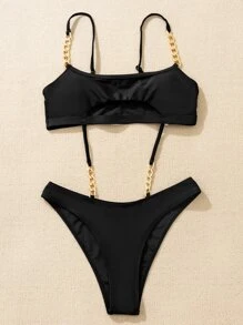 Bañador una pieza con abertura con cadena - Negro - Ver 3