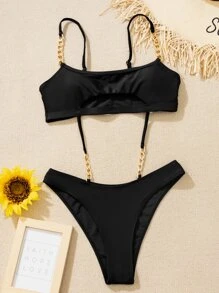 Bañador una pieza con abertura con cadena - Negro - Ver 6