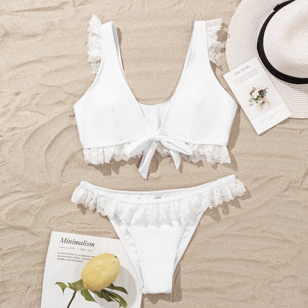 

Lace Trim Knot Front Bikini Swimsuit, White