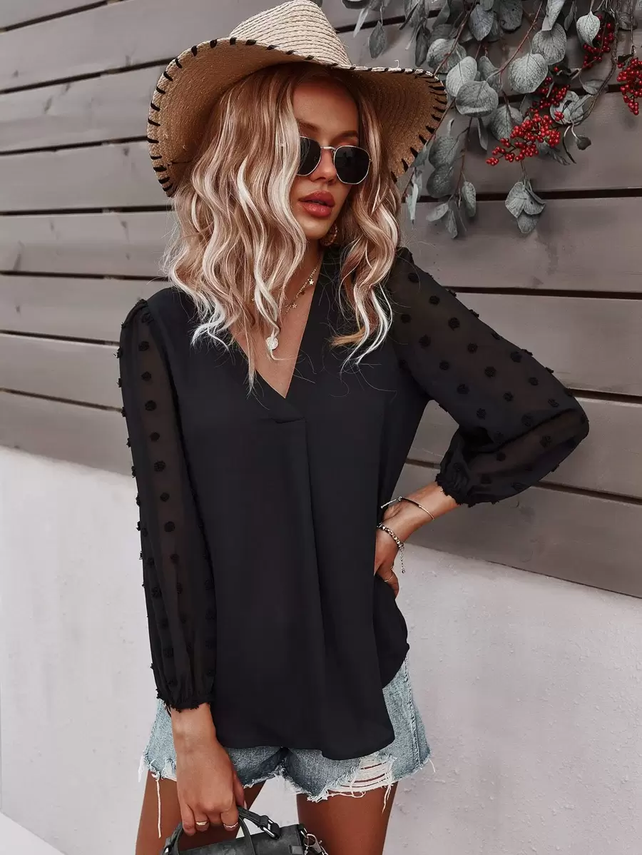 SHEIN Clasi Blus Plain Boho - Hitam - View 1