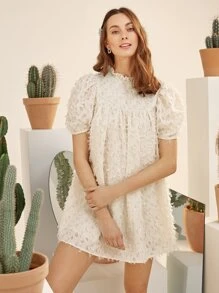 SHEIN Puff Sleeve Feather Dress - Beige - View 2