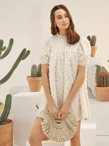 SHEIN Puff Sleeve Feather Dress - Beige - View 3