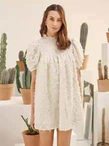 SHEIN Puff Sleeve Feather Dress - Beige - View 1