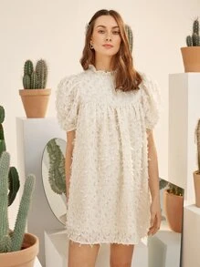 SHEIN Puff Sleeve Feather Dress - Beige - View 4