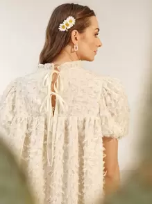 SHEIN Puff Sleeve Feather Dress - Beige - View 5