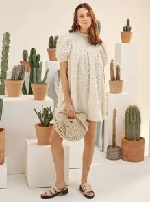 SHEIN Puff Sleeve Feather Dress - Beige - View 6
