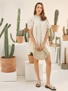 SHEIN Puff Sleeve Feather Dress - Beige - View 7