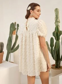 SHEIN Puff Sleeve Feather Dress - Beige - View 8