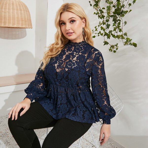 

Plus Sheer Lace Peplum Blouse Without Bra, Navy blue