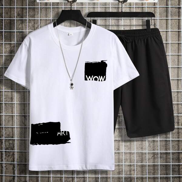 

Men Letter Graphic Tee & Drawstring Shorts, Black and white