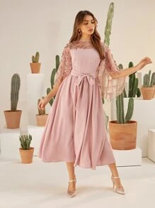 Modelyn Contrast Sequin Mesh Yoke Smock Dress - Dusty Pink - View 3