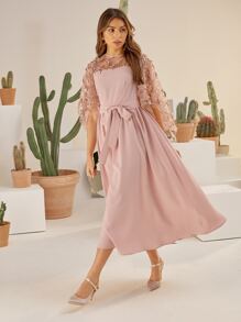 Modelyn Contrast Sequin Mesh Yoke Smock Dress - Dusty Pink - View 6
